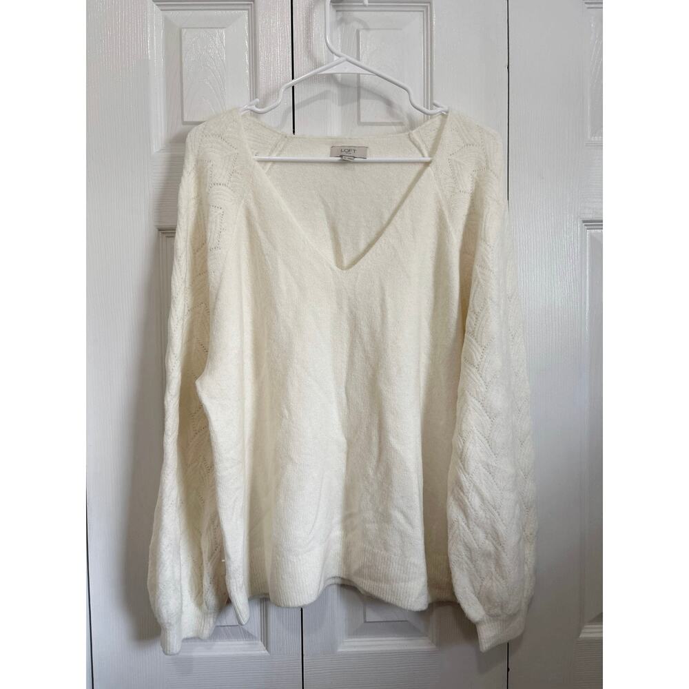 LOFT Cozy Soft Cream V-Neck Pointelle Knit Sweater Size XL